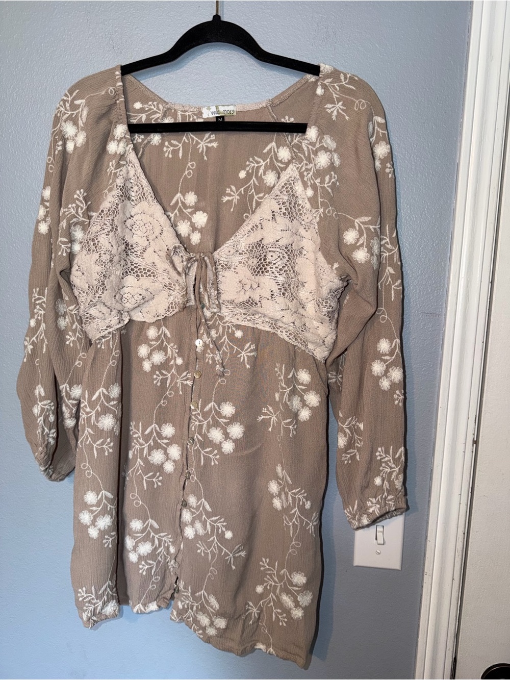 Wild Moss Embroidered Boho Top in Taupe & Cream